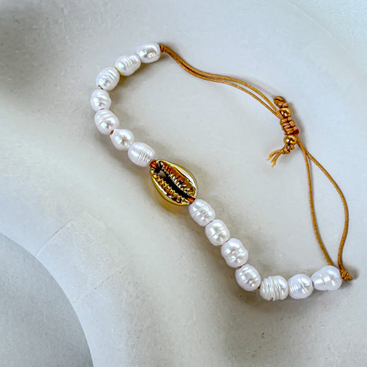 WHITE BEADS SHELL ADJUSTABLE ANKLET